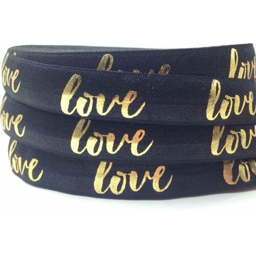 Good Quality Gold LOVE Print Fold Over Elastic 5/8" Girls Hair Tie FOE Ribbon Black 10 yards for Headband Bracelet DIY Headwear