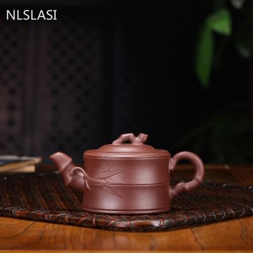 Yixing authentic handcraft teapot ore purple clay Tea Set teapot Purple clay bamboo teapot high-grade gift 220ml