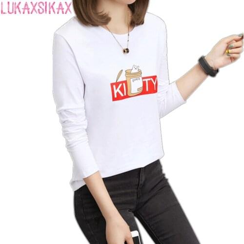 Korean Ulzzang Fashion High Quality Cotton T-shirt 2020 Spring Autumn Cute Cat Graphic Print Women Long Sleeve T-shirt