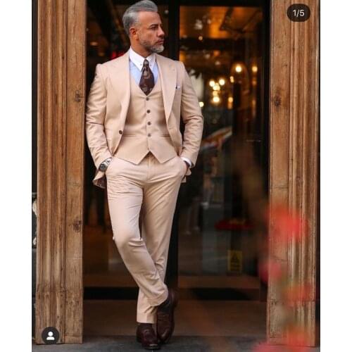 Beige Wide Peak Lapel One Buttons Men Suits 3 Pieces Latest Design Costum Homme Groom Wedding Terno Masculino Slim Fit Blazer
