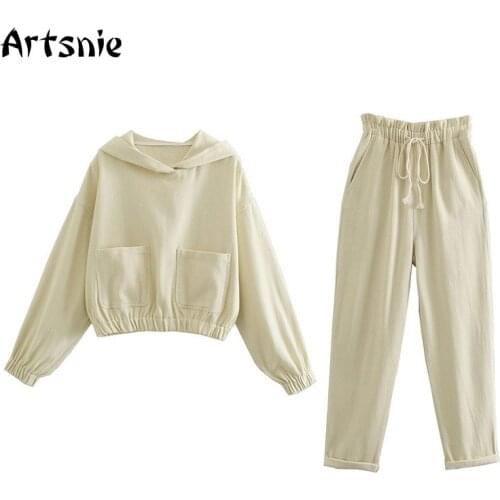 Artsnie Spring 2021 Two Piece Set Women Sweatshirts Harem Pants Tracksuits Beige Trousers Suits Ladies Two Piece Set Outfits