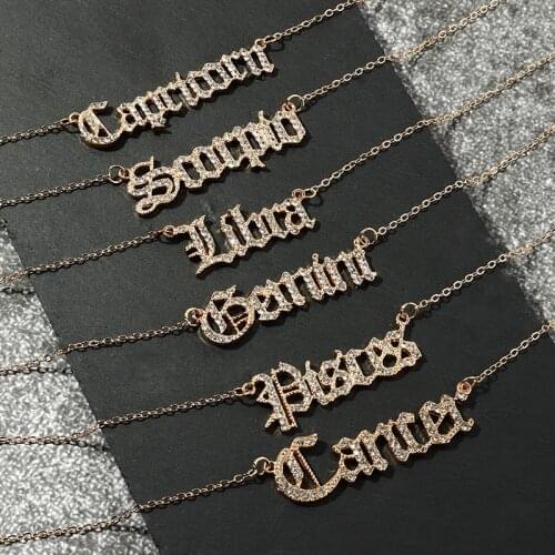 Crystal 12 Constellations Letter Necklace Libra Sagittarius Aquarius Taurus Gemini Virgo Leo Capricorn Pendant Jewelry for Women