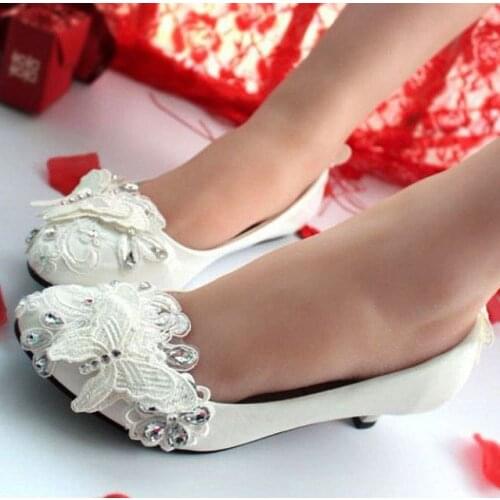 Lace pumps shoes woman handmade white lace crystal rhinestones sweet butterfly designer brial brides bridesmaid wedding shoe