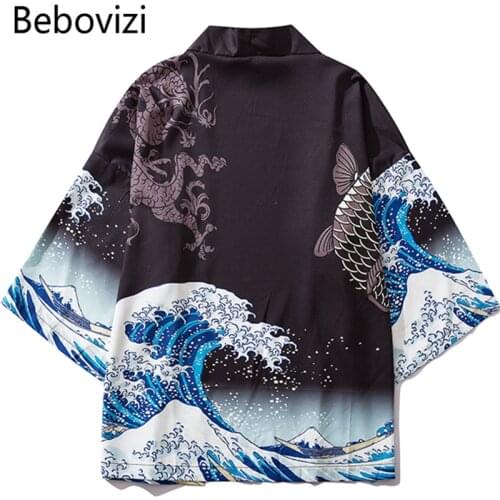 Bebovizi Japanese Wave Koi Print Kimono Cardigan Jackets Mens Fashion Outwear Japan Style Casual Streetwear Thin Coats 2019