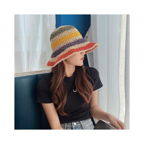 Summer Accessories Children Bucket Hat Family Look Parent-Child Sun Protection Rainbow Straw Knitting Women Hat кепка женская