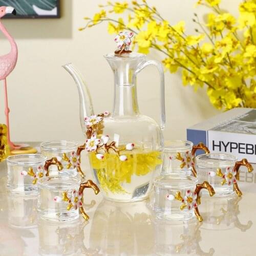 7pcs Enamel Color Flower Tea Cup and Teapot Set Household Heat-resistant Glass Kung Fu Tea Cup High Teapot Exquisite Tea Set