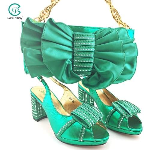 2021 New Arrival Nigerian Fashion Style Hot Selling African High Heels Italian Design Shoes and Bag Set For Party in Green Color