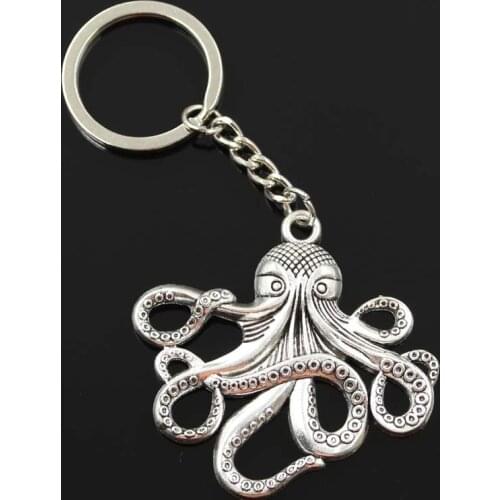 New Fashion Men 30mm Keychain DIY Metal Holder Chain Vintage Octopus 59x57mm Silver Color Pendant Gift