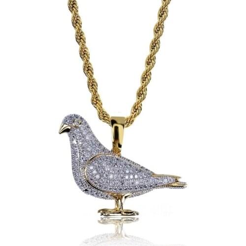 New Style Iced Out Gold Color Plated Two Tone Micro Pave Zircon Pigeon Pendant Necklace Hip Hop Jewelry for Men Women