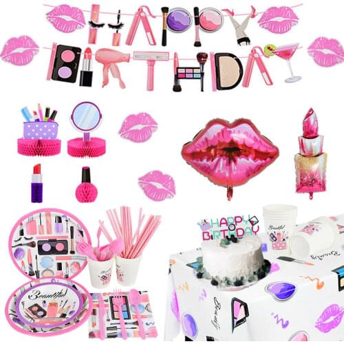 Spa Makeup Girl Birthday Party Tableware Lips Lipstick Balloons Disposable Plate Paper Cups Straw Girl Party Decoration Supplies