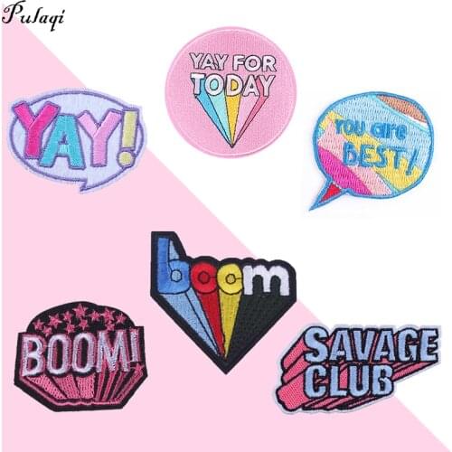 Pulaqi YAY Patch Iron-on Embroidered Patches For Clothing Stickers English Letters Applique Fabric Rainbow Colored Stripe Decor