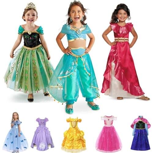 Girls Princess Dress Halloween Party Cosplay Girls Anna Elsa Costumes Cendrillon Belle Arier Snow White Dresses