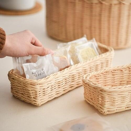 Pastoral Style Rattan Woven Tableware Long Storage Box Desktop Finishing Snack Handmade Rattan Woven Basket