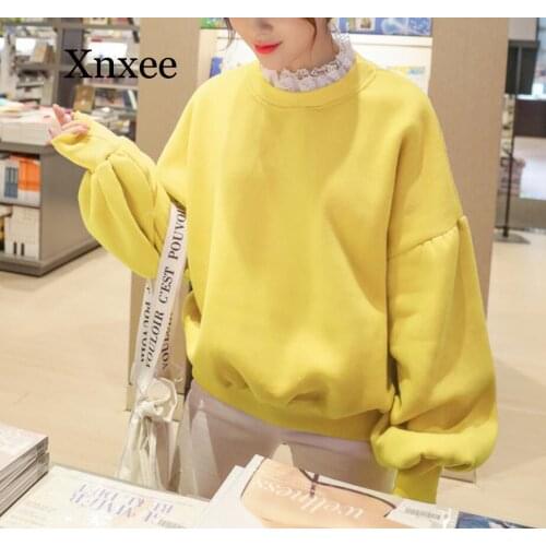 Winter spring pullpvers student school style hubble-bubble sleeve and velvet pure color fleece Lace in womens pullowers