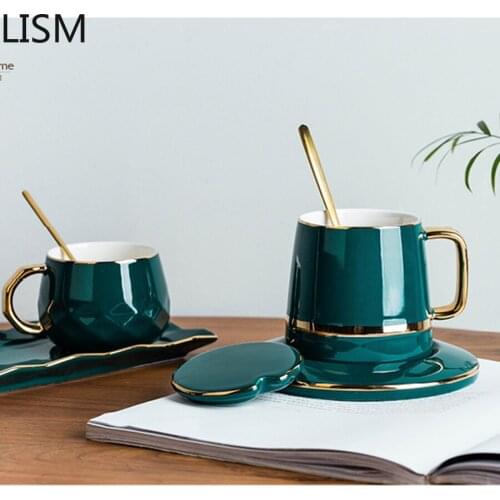 Luxury Ceramic Coffee Mug with Lid with Spoon Nordic Mugs Retro Green Chavenas De Cafe Vintage Afternoon Tea Cups Milk Office