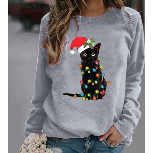 Christmas Sweatshirt Women Pullovers Funny Christmas Hat Cat Print Kawaii Hoodies New Year Tops Female Jumper Sudadera Mujer New