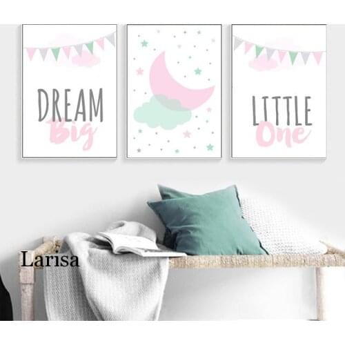 Pink Dreamy Letter Cartoon Wall Decoration Canvas Painting Simple Poster Space Art for Children Baby Girl Room No Framed