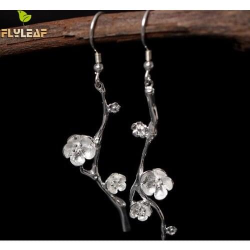 925 Sterling Silver Asymmetri Plum Flower Long Drop Earrings For Women Vintage Lady Prevent Allergy Sterling-silver-jewelry
