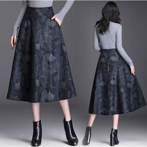 Woolen Printed Skirt Mid-length Autumn/Winter Womens High Waist Waist and Thin Plus Size Retro Pleated Skirt A-line Long Skirt