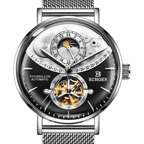 Switzerland Automatic Watch Men BINGER Skeleton Mechanical Men Watches Fashion Brand Clock Relogio Masculino Waterproof Black