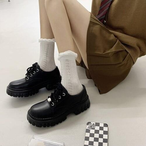 Platform Casual Shoes Spring Autumn Women Oxford Shoes Flat on Black Lace Up Leather Shoes Sewing Round Toe Zapatos Mujer