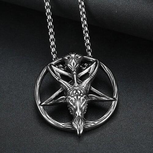 Unique Five-Pointed Star Personality Satan Ram Round Pendant Necklace Mens Classic Rock Evil Dark Necklace Pendant