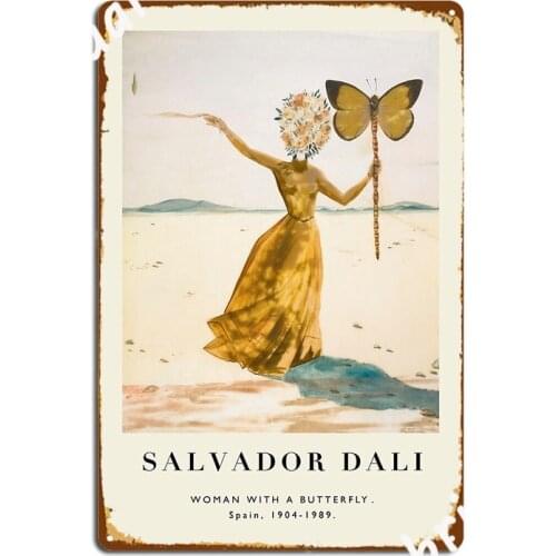 Vintage Poster Salvador Dali Woman With A Butterflys Poster Metal Plaque Cinema Designing Garage Decoration Tin Sign Posters