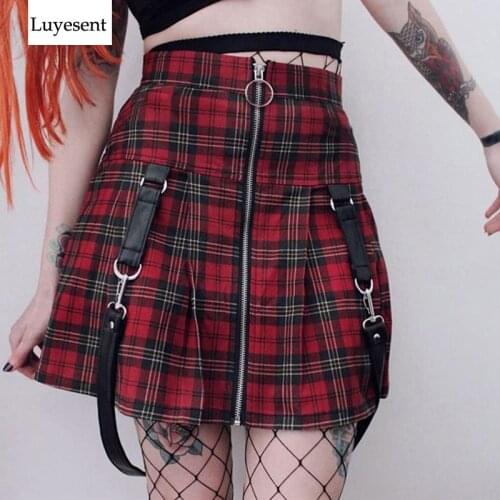 Red Plaid Punk Woman Mini Skirts 2020 Lady Zip Pocket Ullzang Empire A-line Hip-hop Buckle Street Casual Gothic Harajuku Skirt