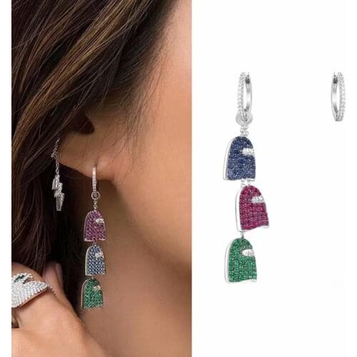 AAA+ Quality New Gothic Fashion Asymmetric Hoop Earrings Paved Top Blue Red Green Zircon EIF Pendant Silver Earrings for Women