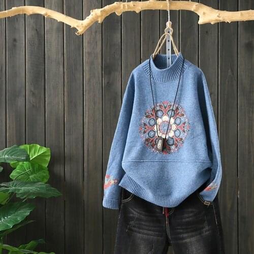 Women New 2019 Vintage Warm Sweaters Chinese Style Pullovers Winter Autumn Floral Printed Loose Knitted Sweater Tops TA2160