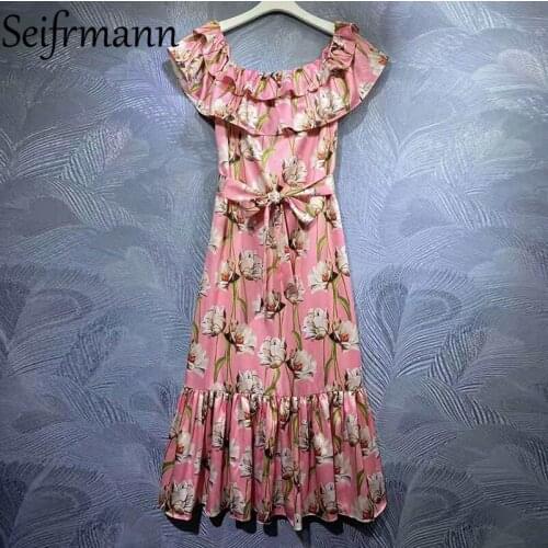 Seifrmann New 2021 Summer Women Fashion Runway Party Long Dress Sexy Slash neck Ruffles Bow Floral Print Elegant A-Line Dresses