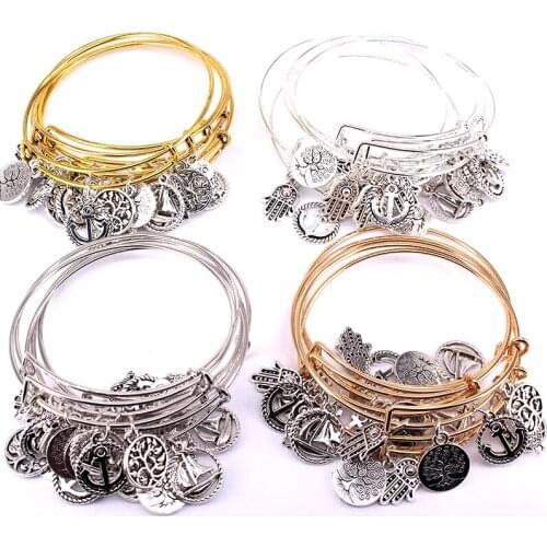 5pcs Bangle Set 4 Color Bracelets for Women Girls Jewelry Life Tree Hand Anchor Owl Charms Bangles Cuff Jewlery C048