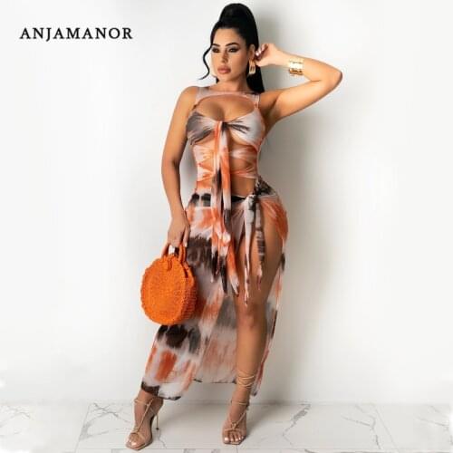 ANJAMANOR Sexy Tie Dye Printed Mesh Cut Out Tie Front Maxi Dress with High Slit Vacation Brach Outfits Summer 2021 D42-CH21