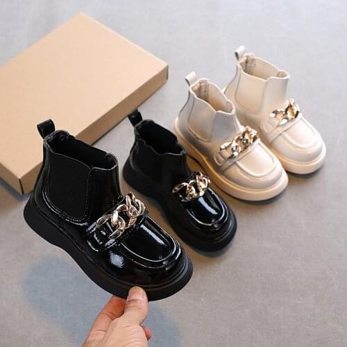 ChildrenS Ankle Beige Autumn Patent Leather Chelsea Boots Sneakers For Girls Fashion Metal Chain School Shoes 2021 Black 8 Year