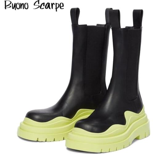 Designer Brand Chunky Platform Chelsea Boots Leather Round Toe Flat Knight Boots Women Street Style Elastic Band Ankle Boots Ins