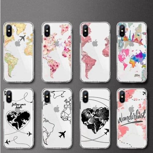 World Map Travel art design pattern Phone Case Transparent soft For iphone 5 5s 5c se 6 6s 7 8 11 12 plus mini x xs xr pro max