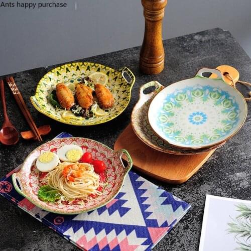 Ceramic Round Dinner Plate Binaural Baking Pan Fruit Tray Underglaze Decorative Plate Kitchen Tableware Microwave Oven Dedicated