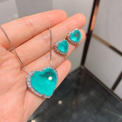 Luxury Womens Jewelry Sets Paraiba Heart 10*10MM Earrings 20*20MM Necklace Anniversary Fashion