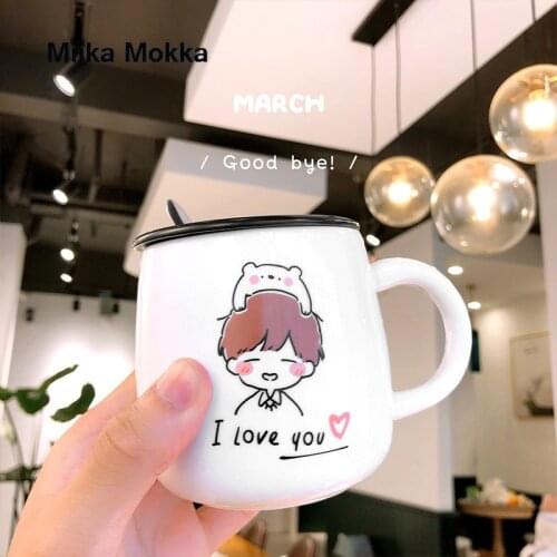 Ins Ceramic Cup 390ml Cute Boys and Girls Kawaii Mugs Student Korean Style Cartoon Mug with Lid and Spoon Coffee Mug Couple Cup