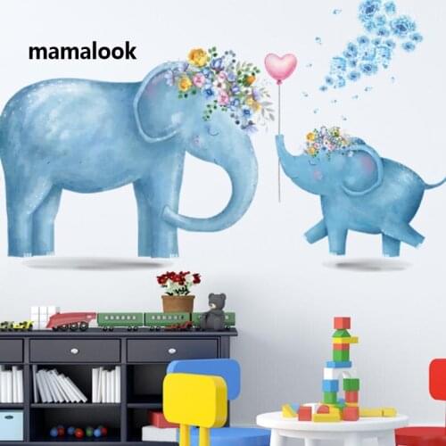 Cartoon Blue Elephants Cute Animal Wall Stickers Paint Style for Living Room Kids Room Wall Decal Baby Nursery Wall Decor Gift