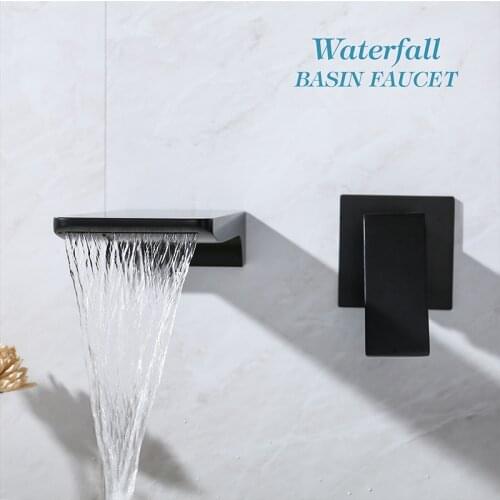 Wall Mounted Brass Waterfall Basin Faucet Black/Chrome Sink Tap, Bathroom Concealed Hot and Cold Water Mixer Taps