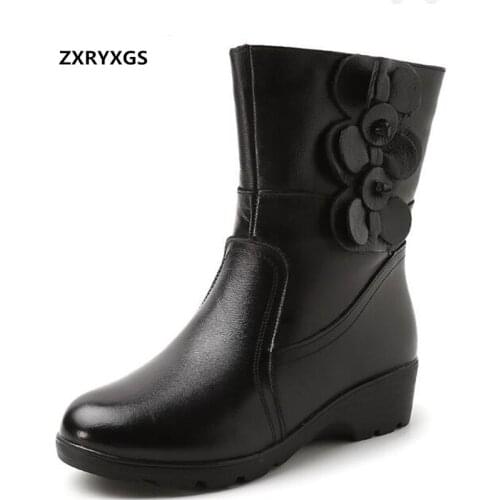 2020 New Winter Plush Warm Cotton Boots Soft Genuine Leather Boots High Quality Fashion Mid Boots Comfortable Wedge Women Boots