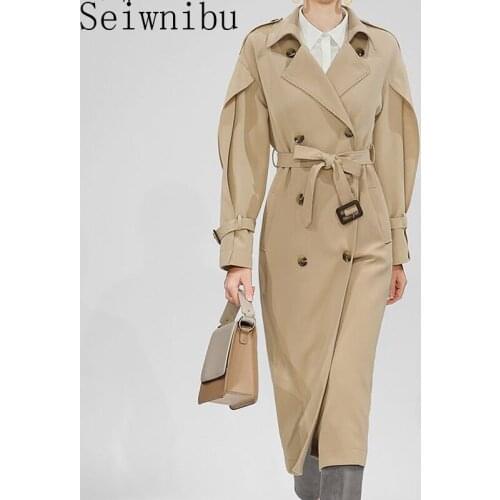 Seiwnibu Women Autumn Fashion Designer Trench Coats Double Breasted Long Sleeve Bow Solid Printed Thin Ladies A-Line Outerwear