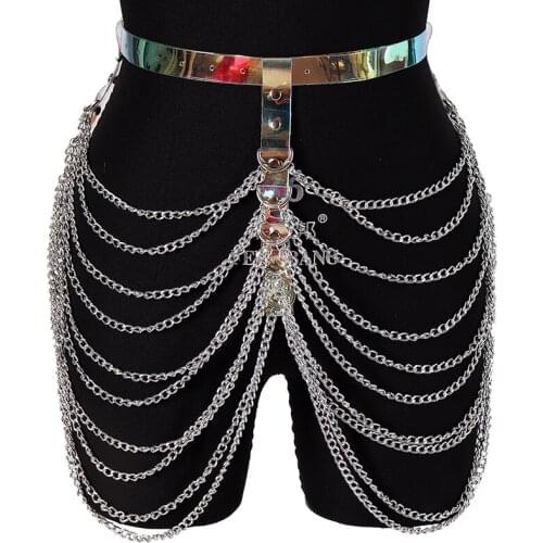 Sexy Pub Women Laser Leather Skirt Belts Punk Gothic Rock Harness Waist Body Chain Bondage Dress Hollow Belt Fetish Accessories