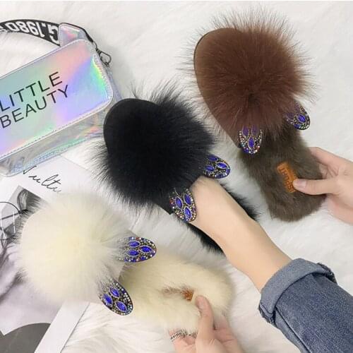 Luxury Fox fur pompon slippers women cover toe furffy slides plush winter shoes woman multicolor crystal bunny ears mules 2021