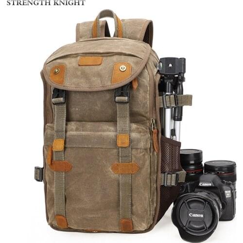 New SLR Camera Backpack Bag Waterproof Canvas&Leather Retro Camera Bag Men Vintage Camera Backpack Travel Camera Bag