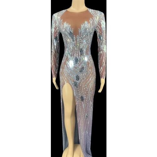 Sexy Rhinestone Sequin Perspective Party Dress Women High Slit See Through Dress Birthday Evening Long Dress Singer Stage Wear