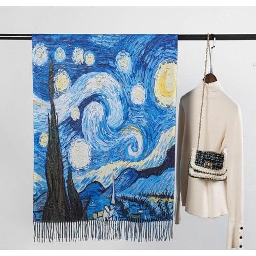 Starry sky Oil Painting Shawl New Winter Cashmere scarf Fashion women Digital Printing shawl wraps bandana female foulard tassel