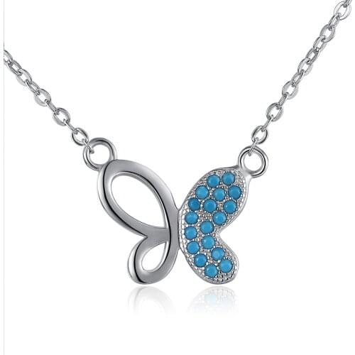 ZEMIOR Sterling Silver 925 For Women Jewelry Cute Butterfly Necklaces Pendant Personality Blue Semi Precious Stone Necklace