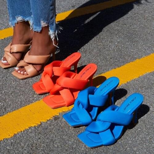 Women Pumps PU Leather High Heels Sandals Woman Shoes Slides 2021 Summer Ladies Square Toe Casual Slippers Slip-on Plus Size 42